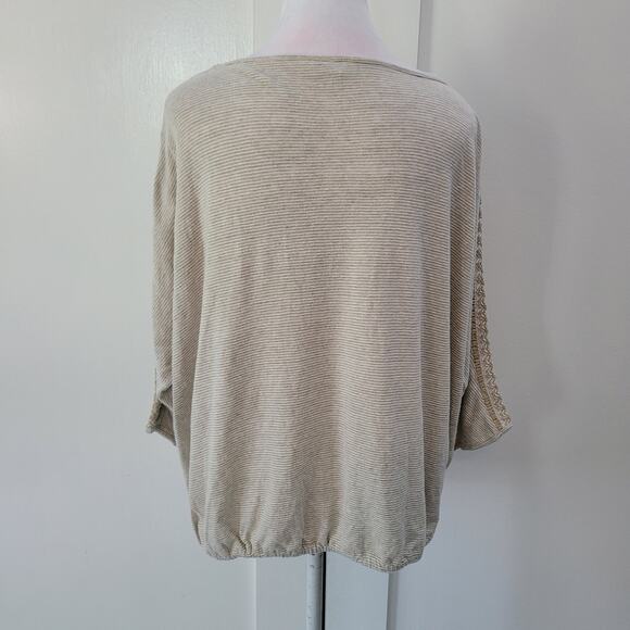 J. Jill Size L Tan Striped Knit Batwing Top Crochet Trim Casual Boho Mature - Picture 3 of 9